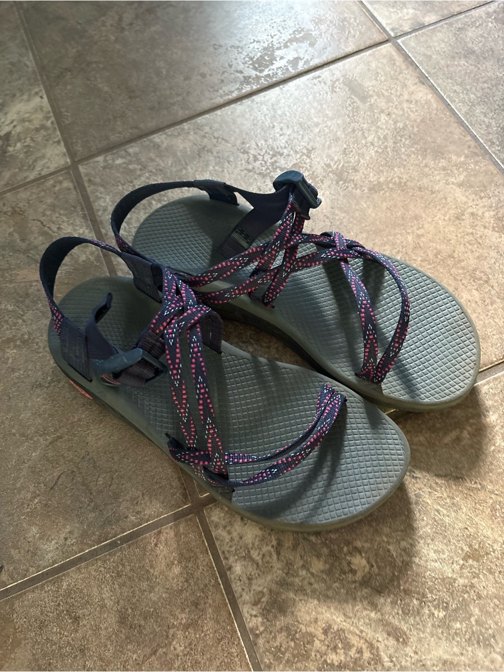 Chaco Women's Strappy Sandal - Teal Footbed with Pink & Navy Accents